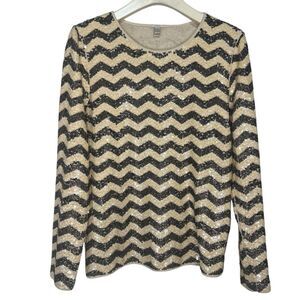 J. Crew Sequined Chevron Top Womens Medium Black Ivory Long Sleeve 100% Cotton